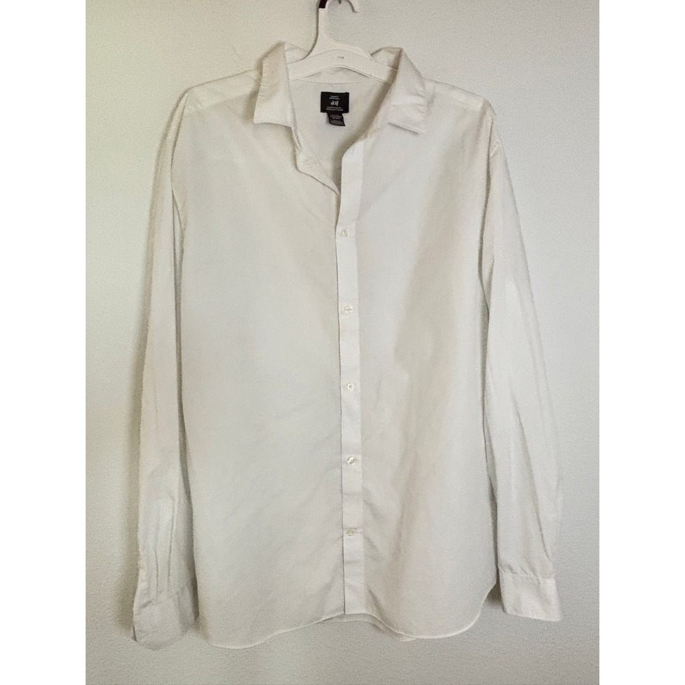 HM Mens XXL White Easy Iron Slim Fit Long Sleeve Button Down Dress Shirt